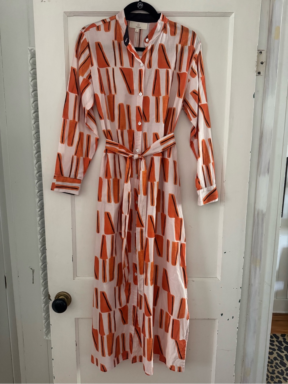 Abstract Orange Print Maxi Shirt Dress with Tie Waist